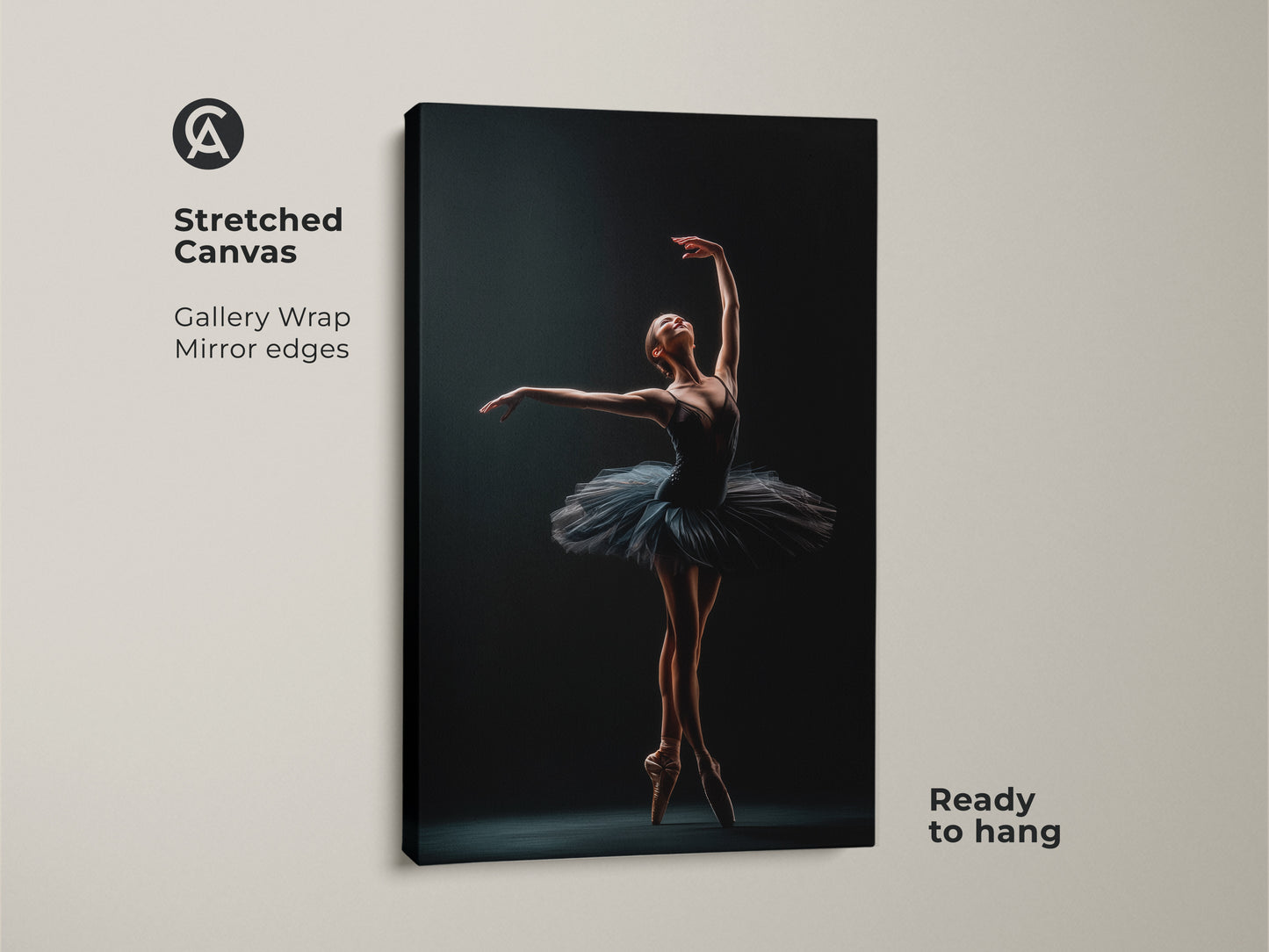 A stretched canvas print of a ballerina. Gallery wrapped with mirrored edges. Ready to hang. The artwork captures the elegance of ballet. Perfect for dance enthusiasts. Add a touch of sophistication to any room with this stunning art.
