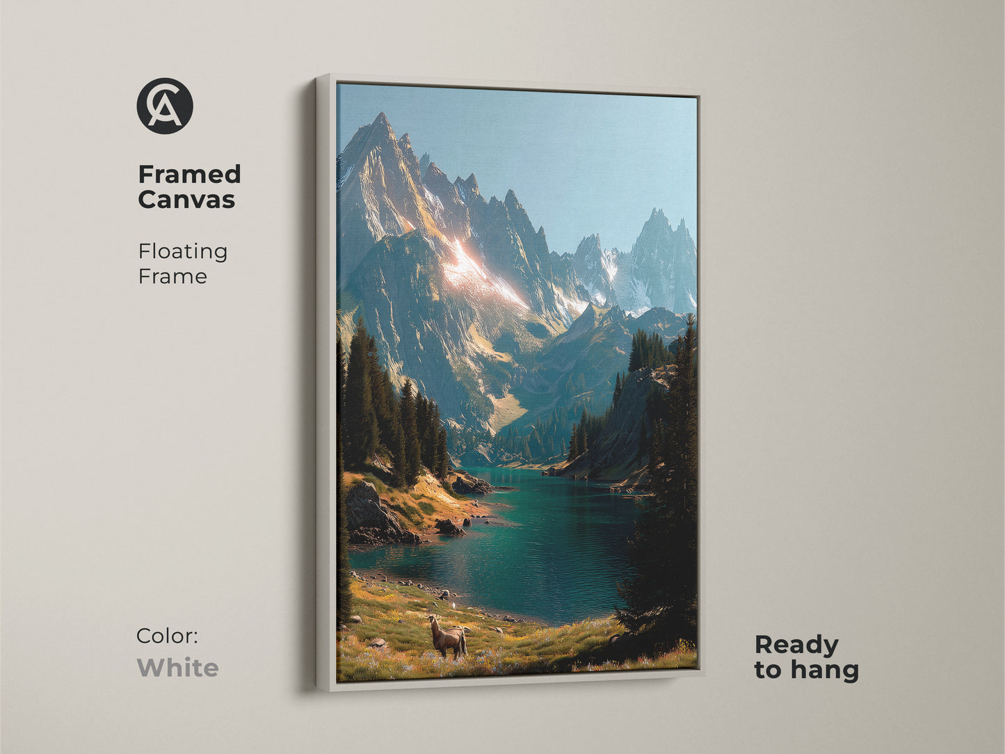 Mountain lake canvas artwork in a white floating frame. This ready-to-hang piece captures a serene landscape. The artwork features majestic mountains a turquoise lake and a grazing deer. Enhance your home with this nature art.