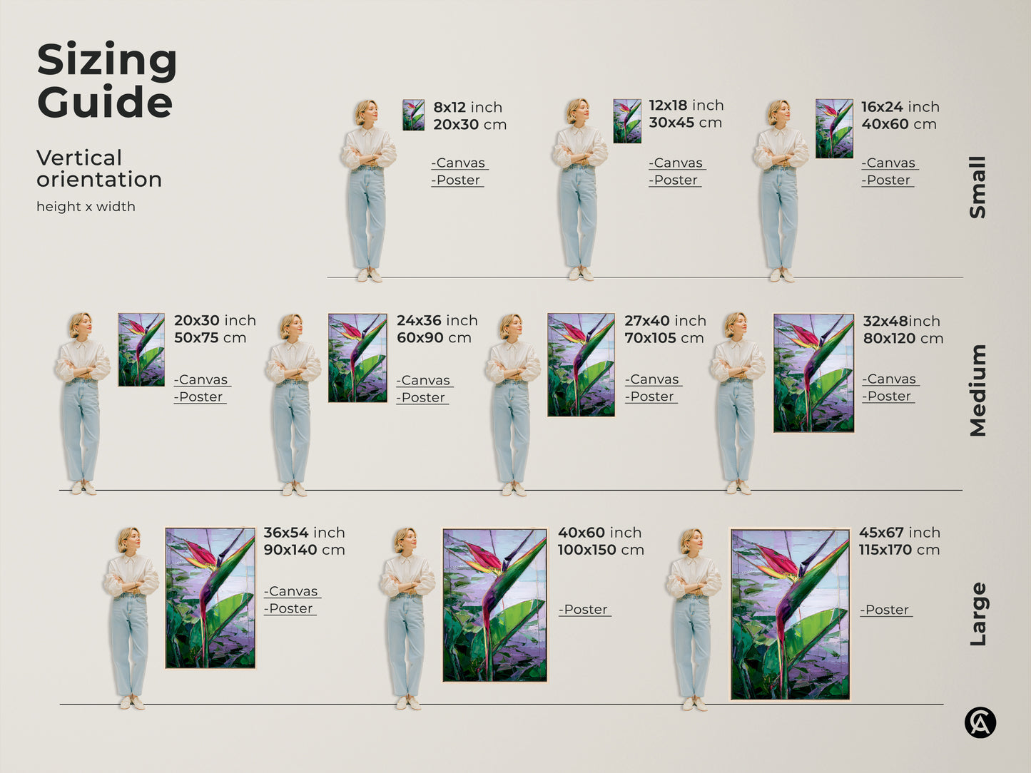 Sizing guide shows vertical abstract Bird of Paradise art in various sizes. The tropical botanical canvas and poster options range from small to large. Choose the perfect size for your boho home decor. Green pink and purple artwork for any room. Ideal housewarming gifts for art enthusiasts.