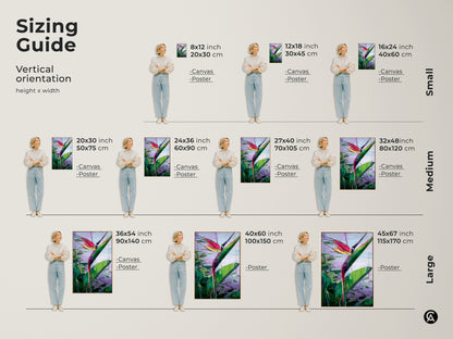 Sizing guide shows vertical abstract Bird of Paradise art in various sizes. The tropical botanical canvas and poster options range from small to large. Choose the perfect size for your boho home decor. Green pink and purple artwork for any room. Ideal housewarming gifts for art enthusiasts.