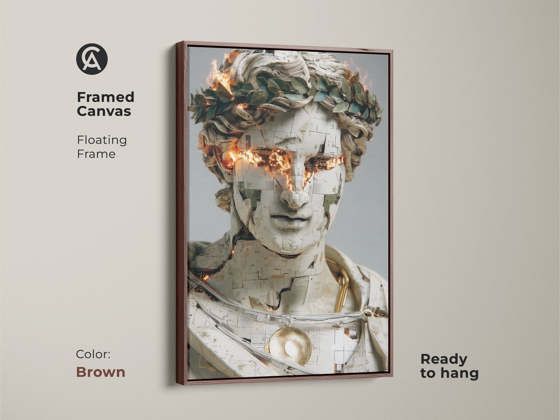 Framed canvas showcases a contemporary abstract bust with gold orange fire eyes in a floating frame. The brown frame complements this unique artwork. Ready to hang this digital print adds a modern touch to any space. Ideal for study rooms or as a housewarming gift.