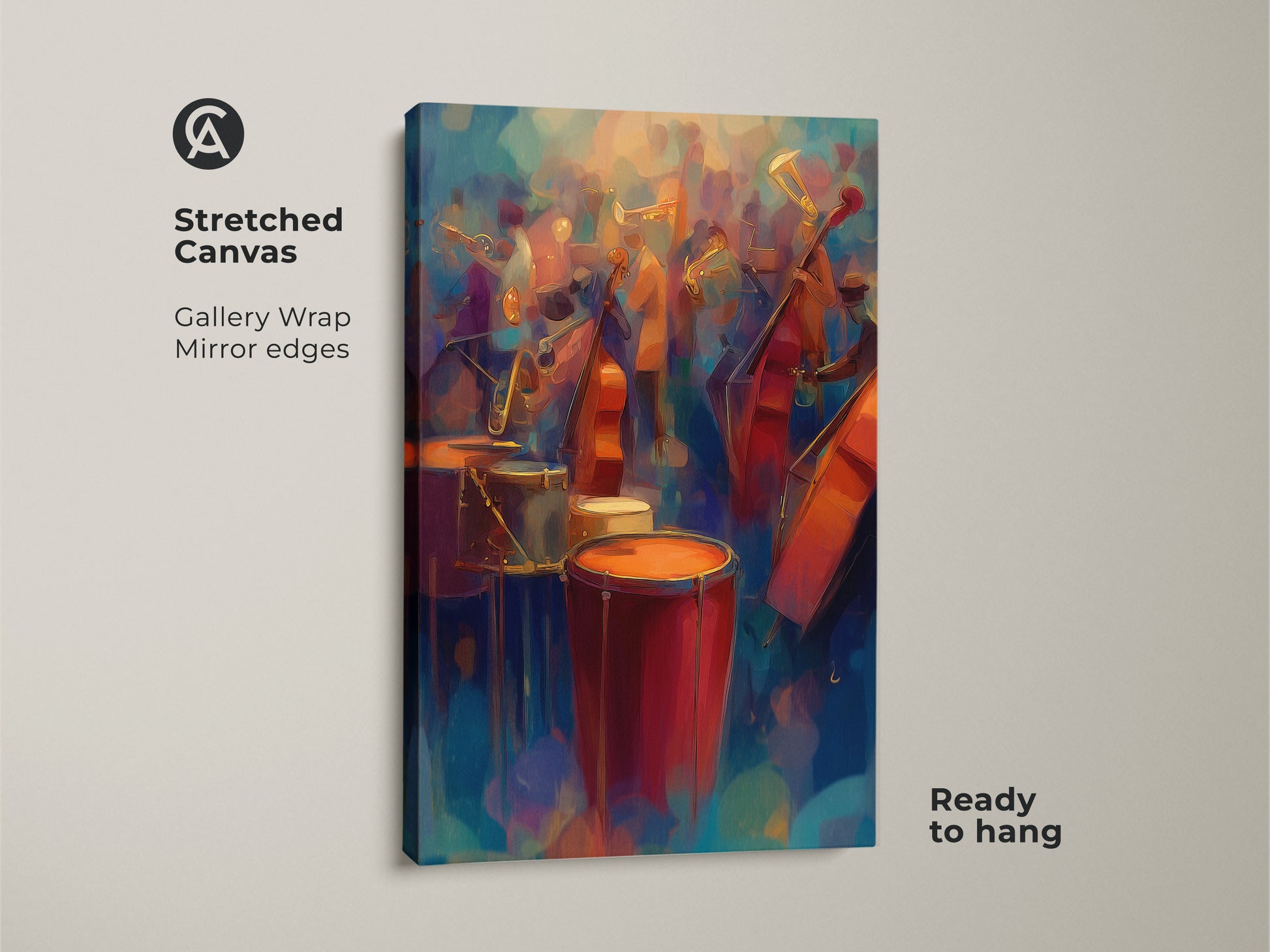 Abstract orchestra art print shown as a stretched canvas gallery wrap. The canvas features mirror edges. This ready-to-hang wall art is perfect for a music studio or eclectic home decor.