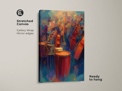 Abstract orchestra art print shown as a stretched canvas gallery wrap. The canvas features mirror edges. This ready-to-hang wall art is perfect for a music studio or eclectic home decor.