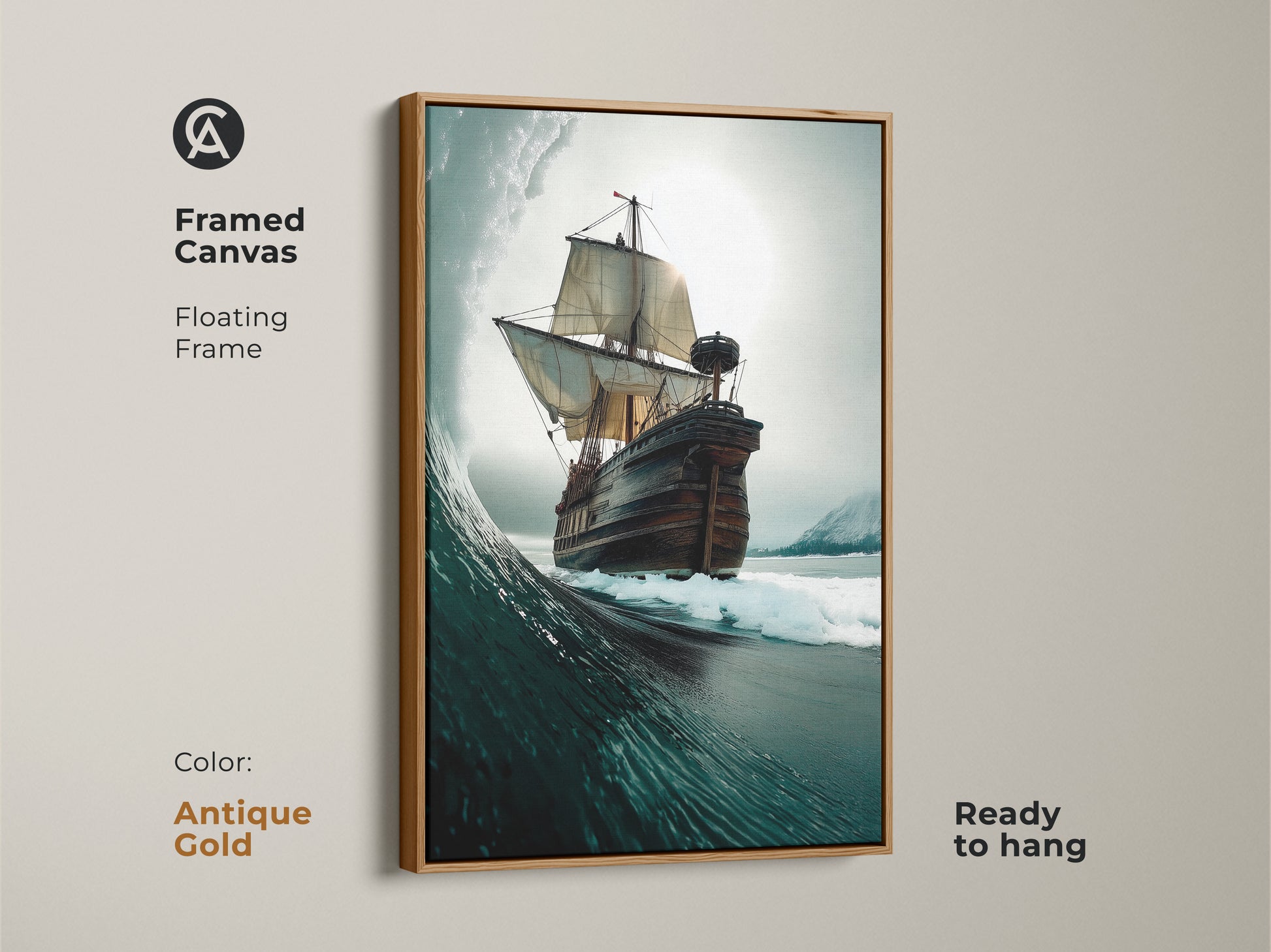 Antique Gold Framed Canvas artwork featuring a Tall Ship navigating a Ocean Wave. This nautical Coastal art is suitable for any room. Deep blue grey teal colors enhance this adventure artwork. Ready to hang for nautical theme decor