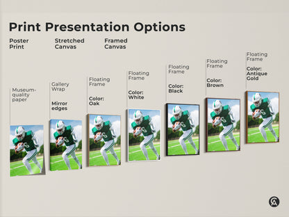 Explore presentation options for American Football artwork. Choose from poster prints stretched canvases and framed canvases. Various frame colors available. Find the perfect match for your sports wall art needs.