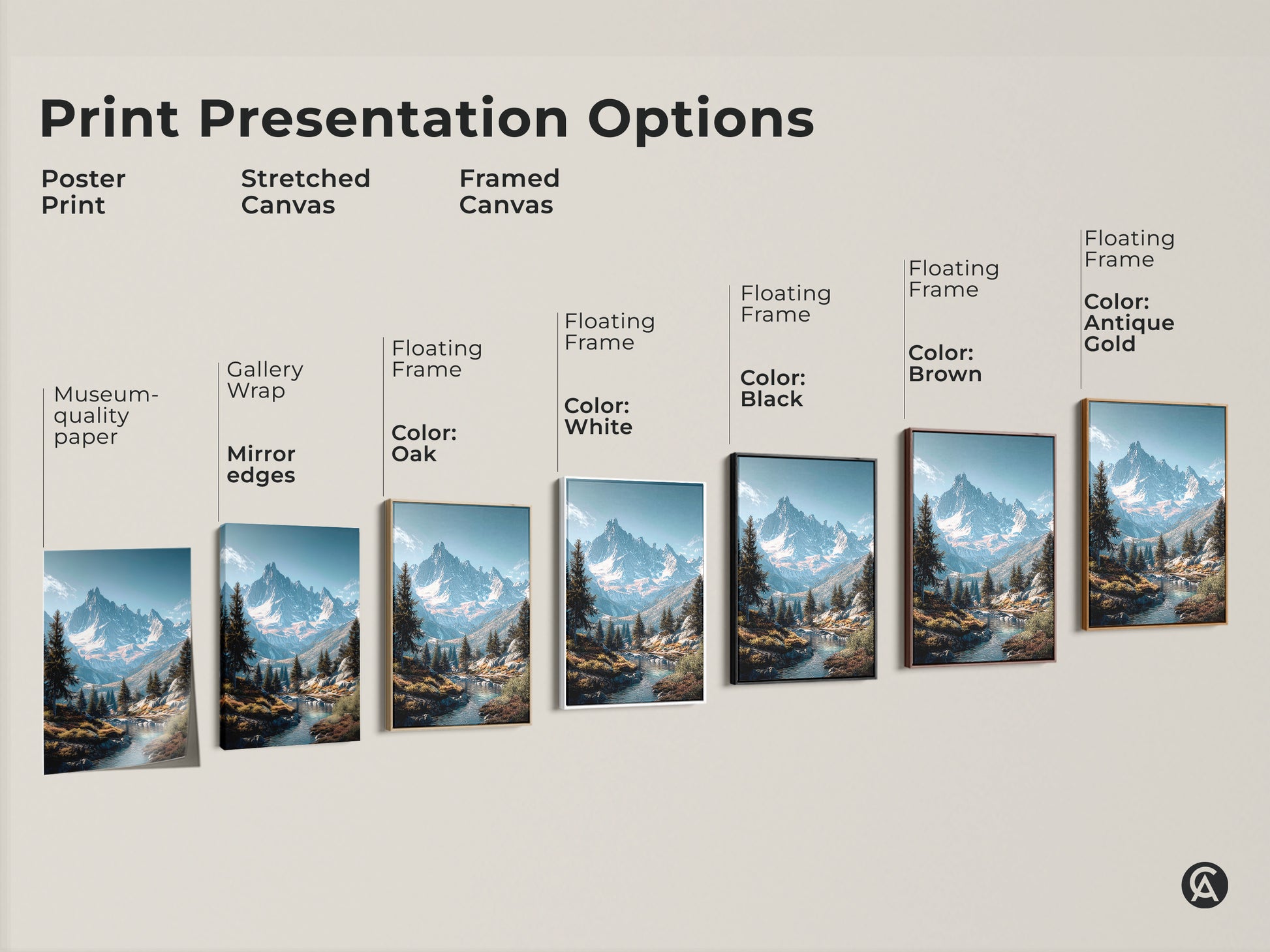 Explore print presentation options. See poster prints stretched canvas and framed canvas options. Choose from gallery wrap museum quality paper and floating frames. Customize with oak black brown antique gold or white frames. Find the perfect mountain artwork.