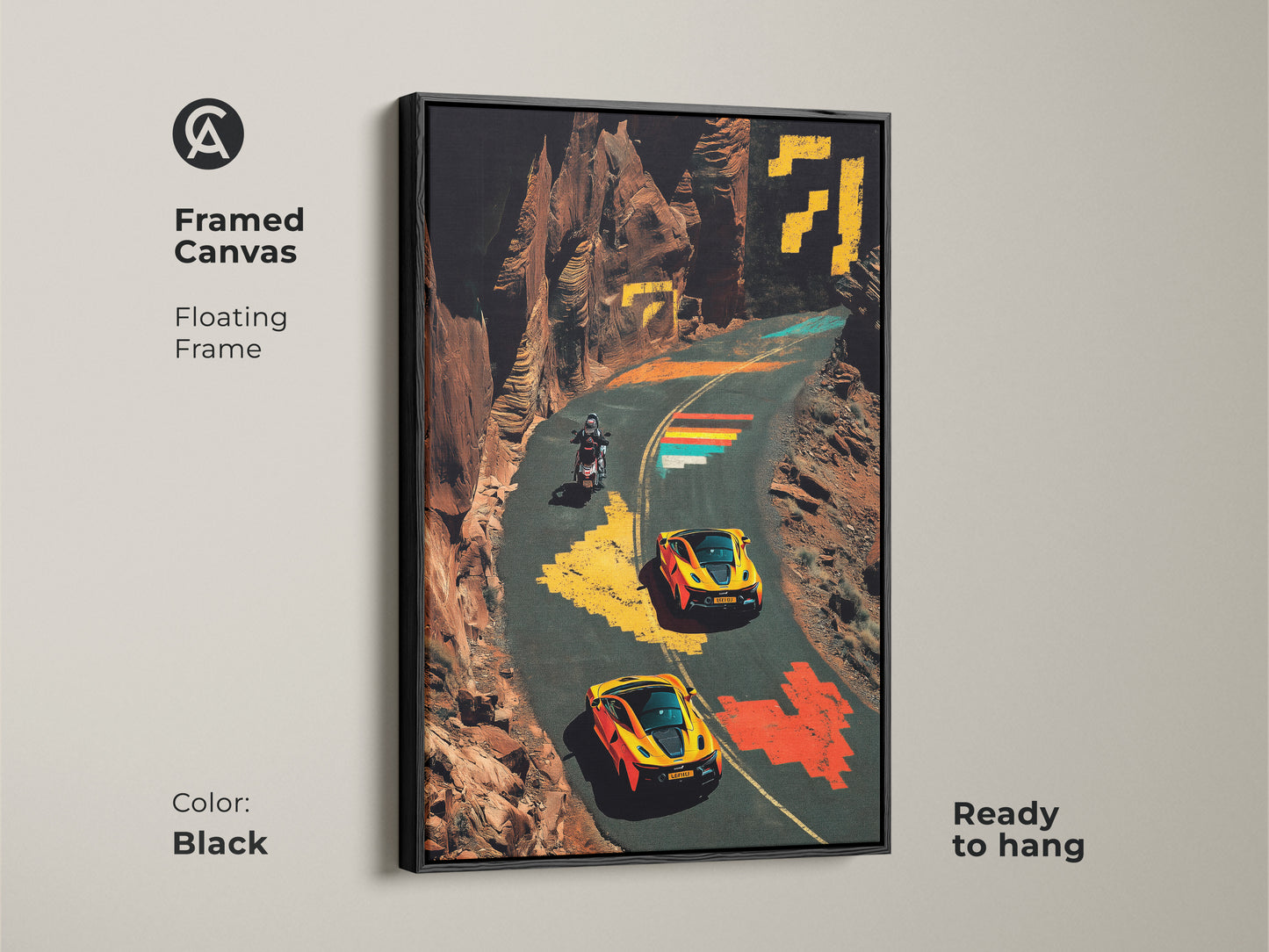 Enhance your space with this framed canvas of sports cars and a motorcycle. The contemporary artwork features a floating frame and is ready to hang. The pixel art style and vibrant colors create a unique visual experience. This automotive themed art is perfect for car enthusiasts and makes a great office art piece.