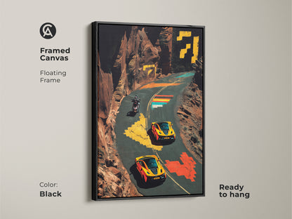 Enhance your space with this framed canvas of sports cars and a motorcycle. The contemporary artwork features a floating frame and is ready to hang. The pixel art style and vibrant colors create a unique visual experience. This automotive themed art is perfect for car enthusiasts and makes a great office art piece.