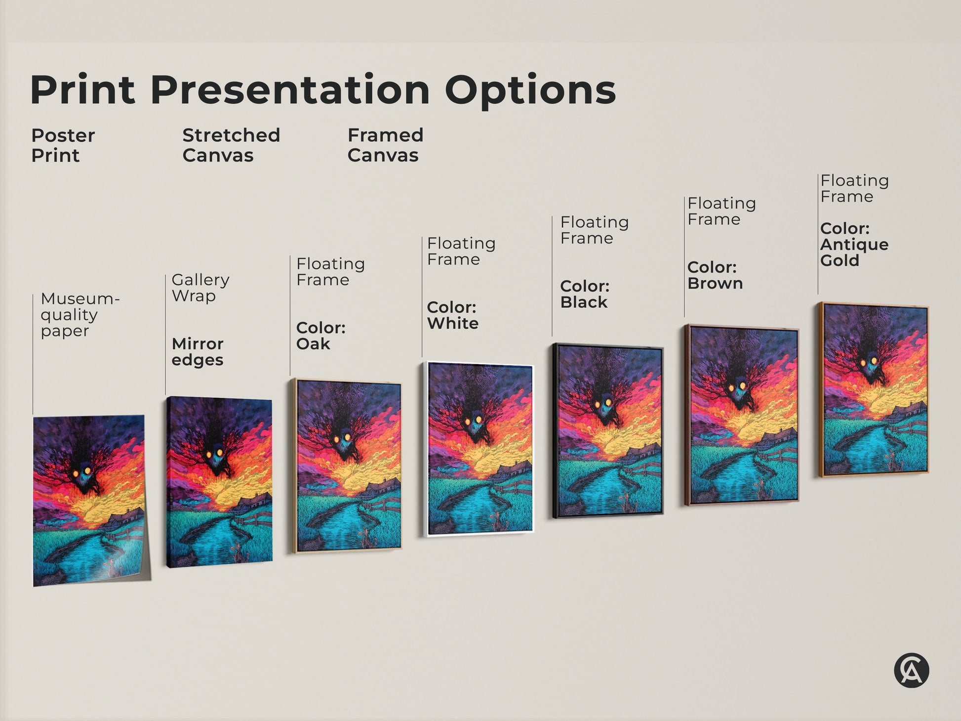 Print presentation options for spooky monster artwork. Choose from poster print stretched canvas or framed canvas. Available with gallery wrap mirror edges and floating frames. Various frame colors oak white black brown and antique gold.