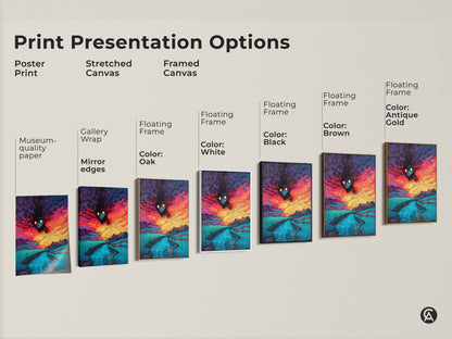 Print presentation options for spooky monster artwork. Choose from poster print stretched canvas or framed canvas. Available with gallery wrap mirror edges and floating frames. Various frame colors oak white black brown and antique gold.