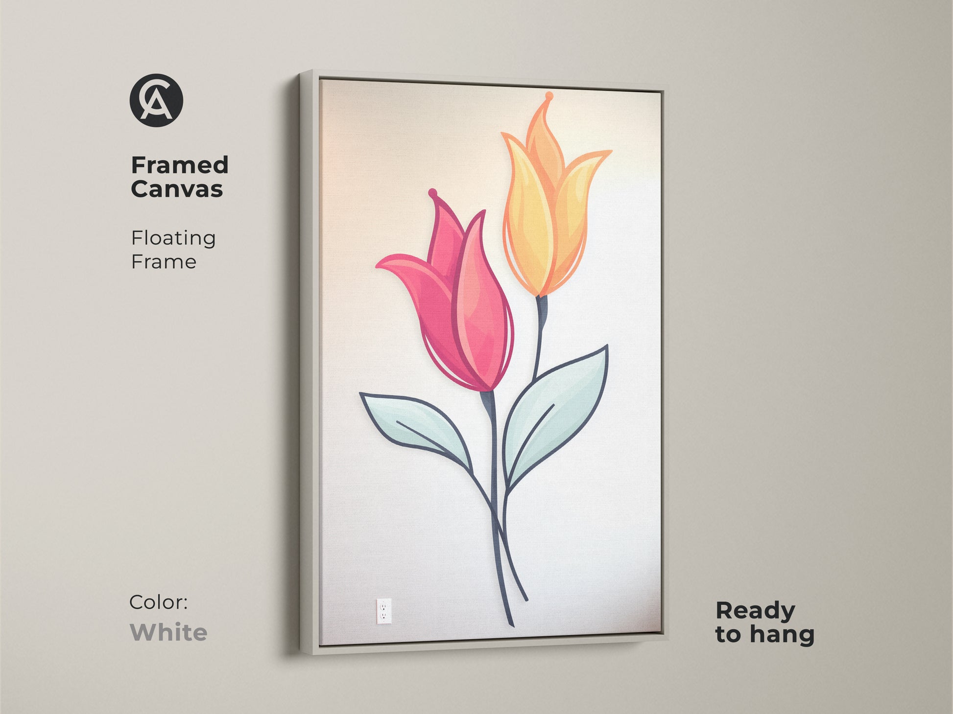 White framed canvas featuring pink and yellow tulip artwork. This botanical design adds Scandinavian charm. This framed canvas is ready to hang. This minimalist folk style artwork is a lovely housewarming gift. The contemporary floral art brightens any room.