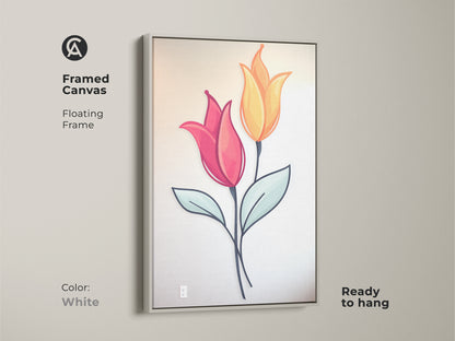 White framed canvas featuring pink and yellow tulip artwork. This botanical design adds Scandinavian charm. This framed canvas is ready to hang. This minimalist folk style artwork is a lovely housewarming gift. The contemporary floral art brightens any room.