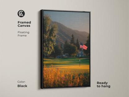 Black framed canvas art of a picturesque golf course with an American flag. This floating frame enhances the artwork. It is ready to hang. Add a touch of elegance and patriotism to your space today.