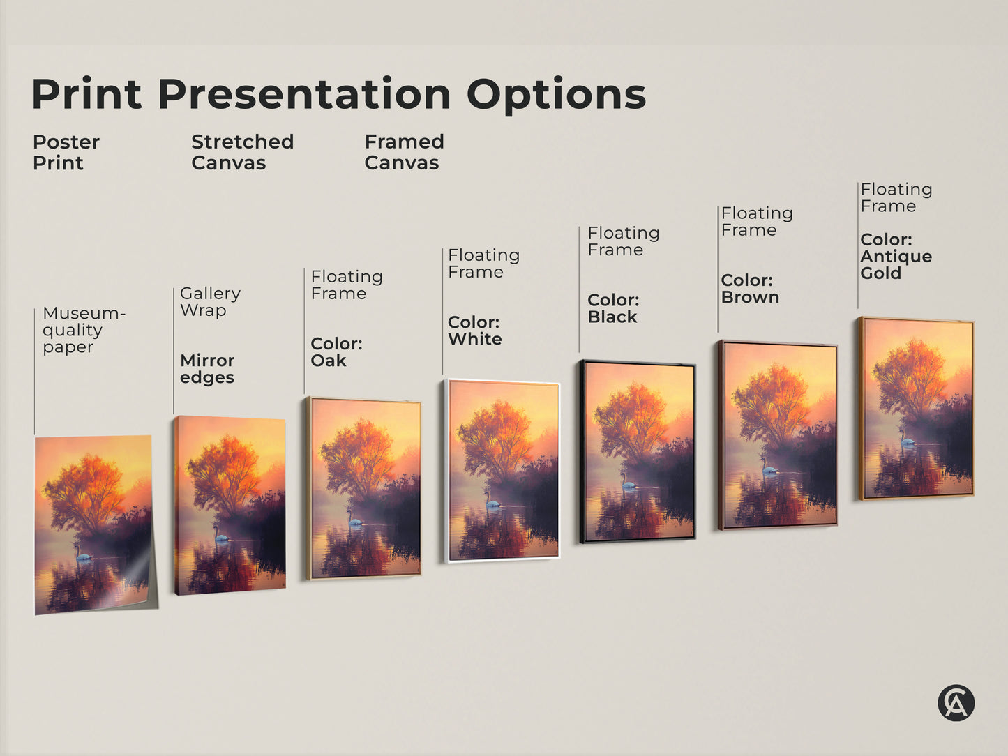 This image showcases print presentation options. See the swan artwork as a poster stretched canvas or framed canvas. Choose from floating frame colors like white black brown oak or antique gold. Find the perfect swan print for your home decor today.