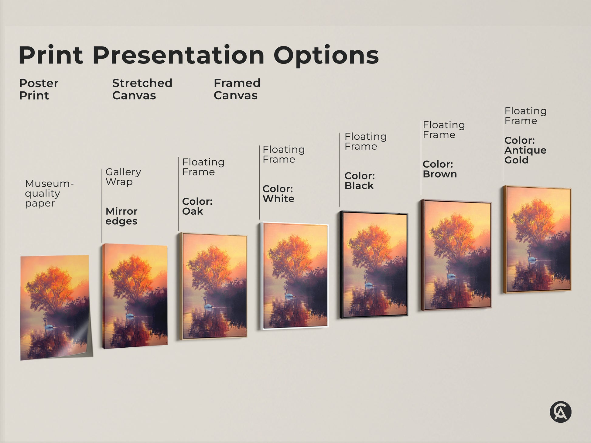 This image showcases print presentation options. See the swan artwork as a poster stretched canvas or framed canvas. Choose from floating frame colors like white black brown oak or antique gold. Find the perfect swan print for your home decor today.