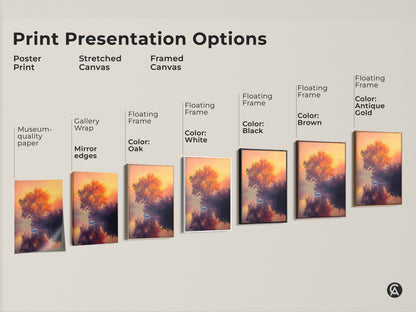 This image showcases print presentation options. See the swan artwork as a poster stretched canvas or framed canvas. Choose from floating frame colors like white black brown oak or antique gold. Find the perfect swan print for your home decor today.