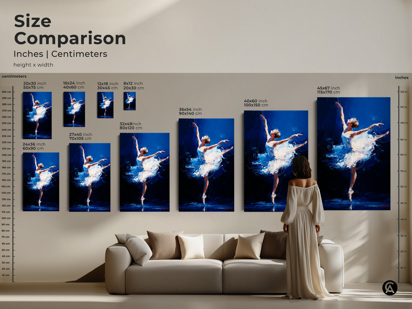 Size comparison of ballerina art prints in inches and centimeters. Visualize how different sizes fit in your space. Choose from various dimensions to perfectly complement your decor. Transform your living room with elegant artwork. Find the ideal size for your home today!
