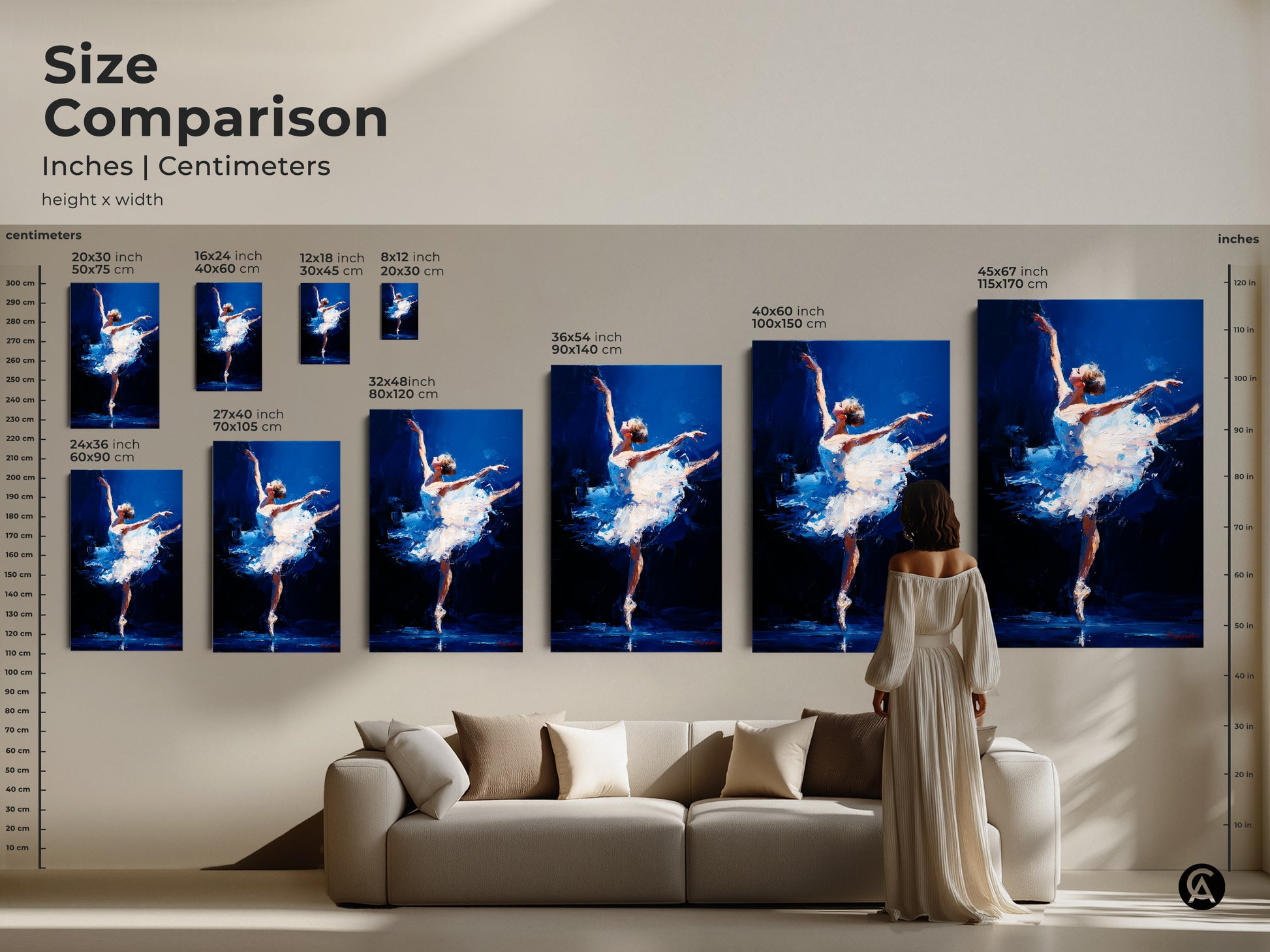 Size comparison of ballerina art prints in inches and centimeters. Visualize how different sizes fit in your space. Choose from various dimensions to perfectly complement your decor. Transform your living room with elegant artwork. Find the ideal size for your home today!