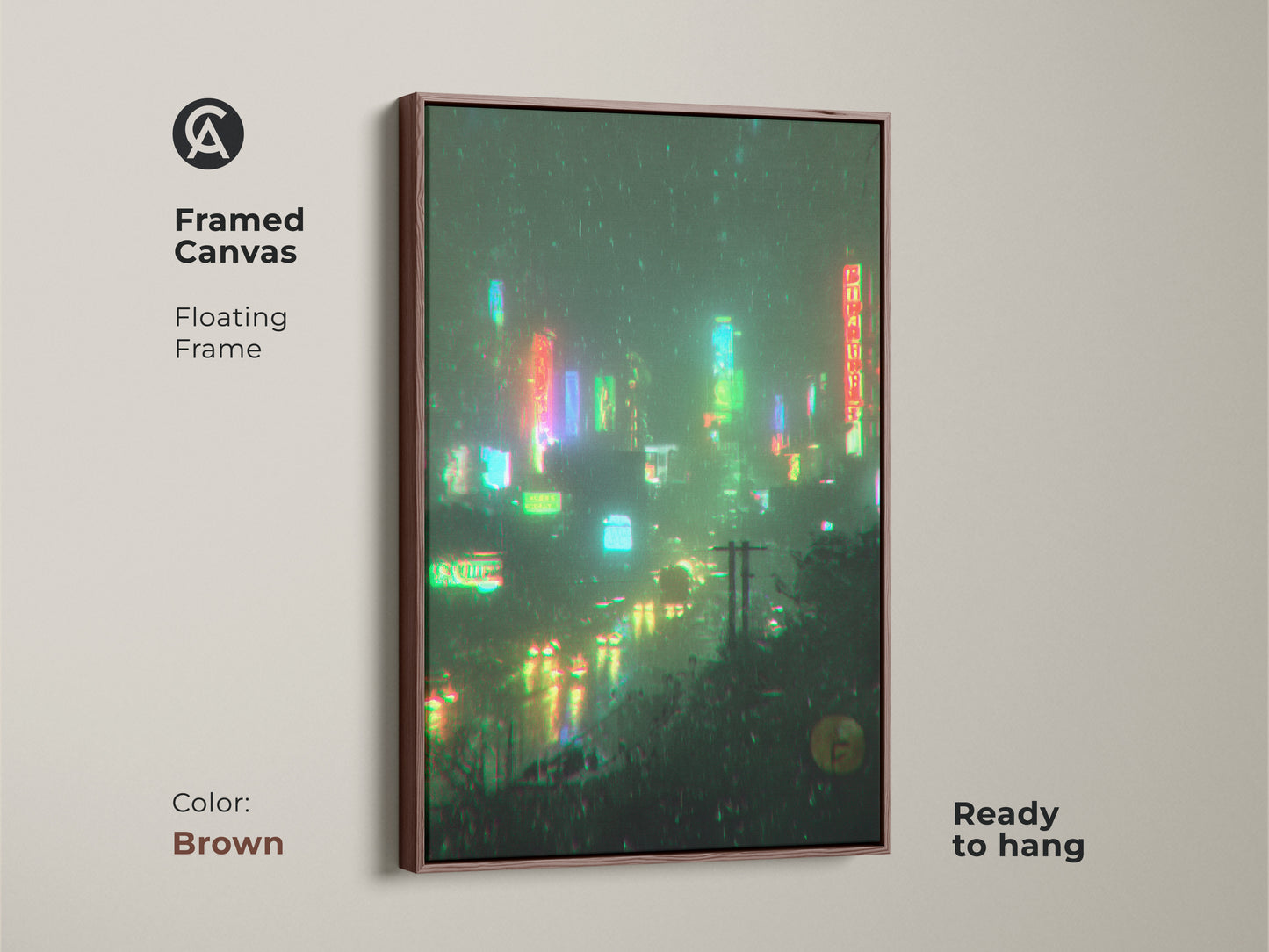Framed canvas artwork with a floating frame. The brown frame complements the neon cityscape. The artwork is ready to hang and adds warmth to any room. The neon lights reflect on the wet streets. Perfect for adding character to your space.
