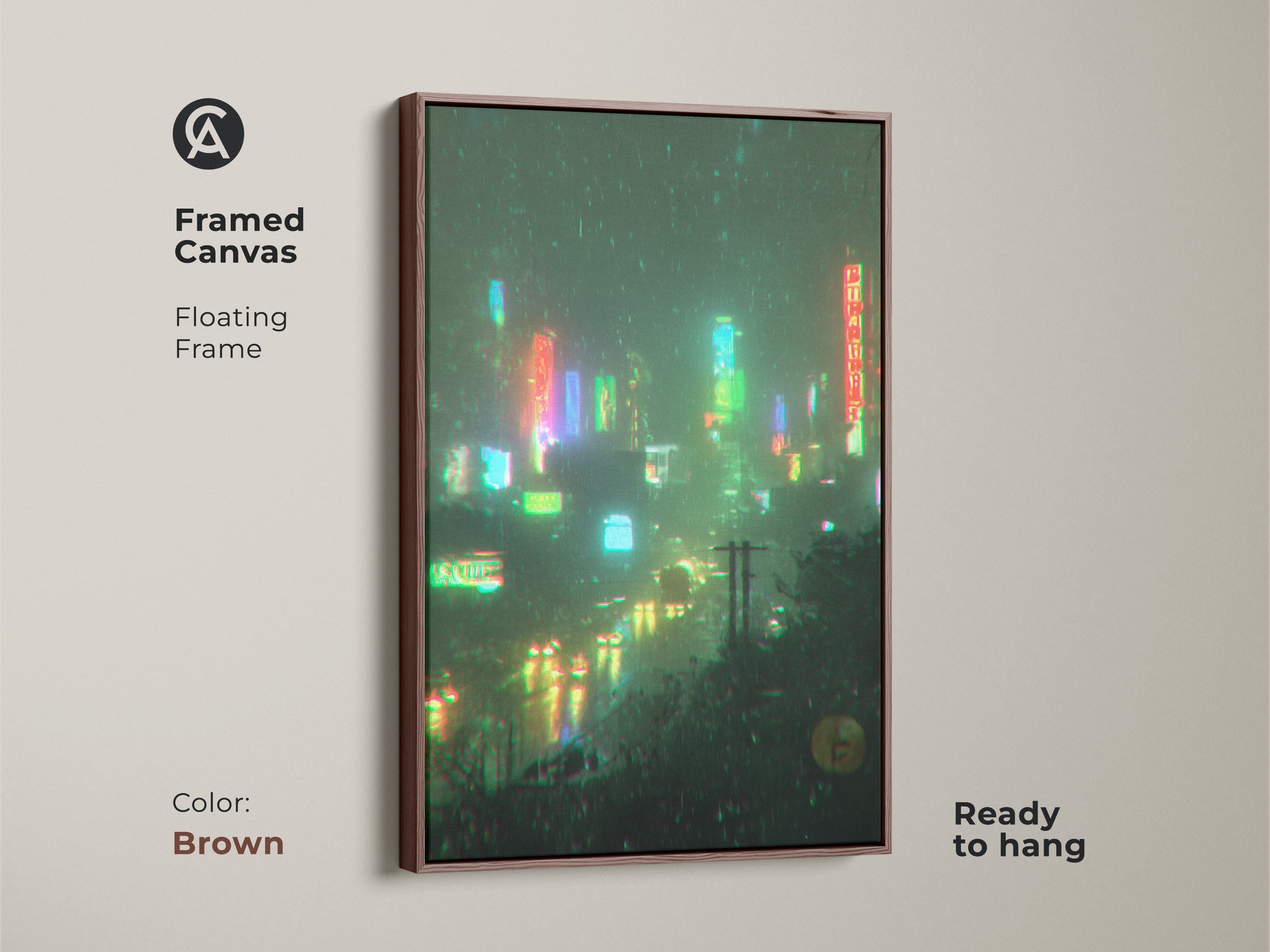 Framed canvas artwork with a floating frame. The brown frame complements the neon cityscape. The artwork is ready to hang and adds warmth to any room. The neon lights reflect on the wet streets. Perfect for adding character to your space.