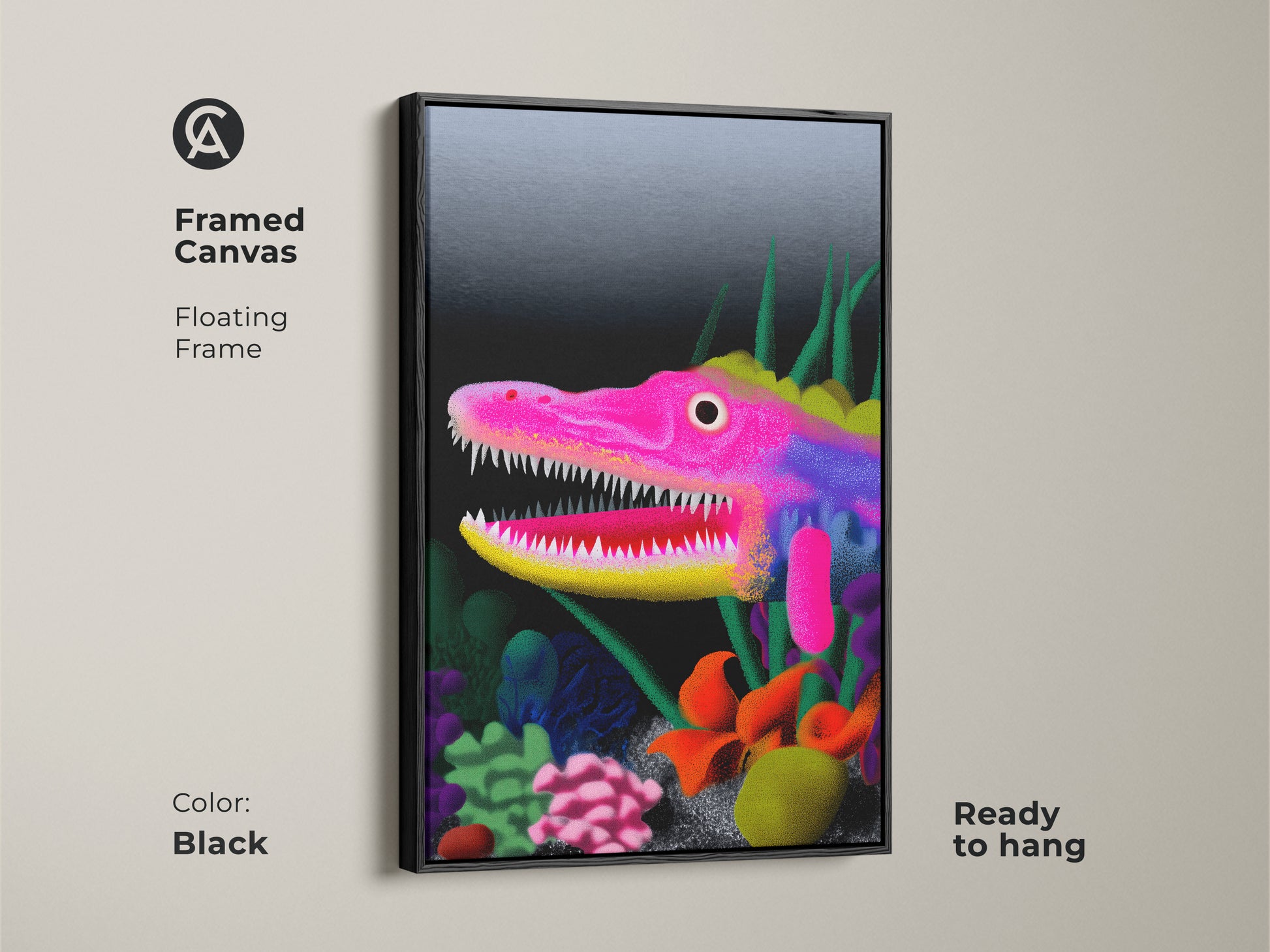 Framed canvas featuring surreal dragon wall art. The floating frame is black. This fantasy creature art print is an underwater fantasy decor. The hot pink yellow purple art is ready to hang.