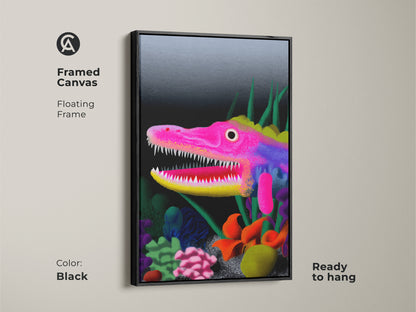 Framed canvas featuring surreal dragon wall art. The floating frame is black. This fantasy creature art print is an underwater fantasy decor. The hot pink yellow purple art is ready to hang.