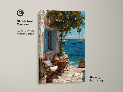 A vibrant coastal lemon tree art print on stretched canvas. Gallery wrapped mediterranean sailboat artwork with mirror edges. Ready to hang azure ocean canvas art. Perfect for beach house dining room decor. It will bring a coastal summer vibe.  Unique travel inspired folk art print.