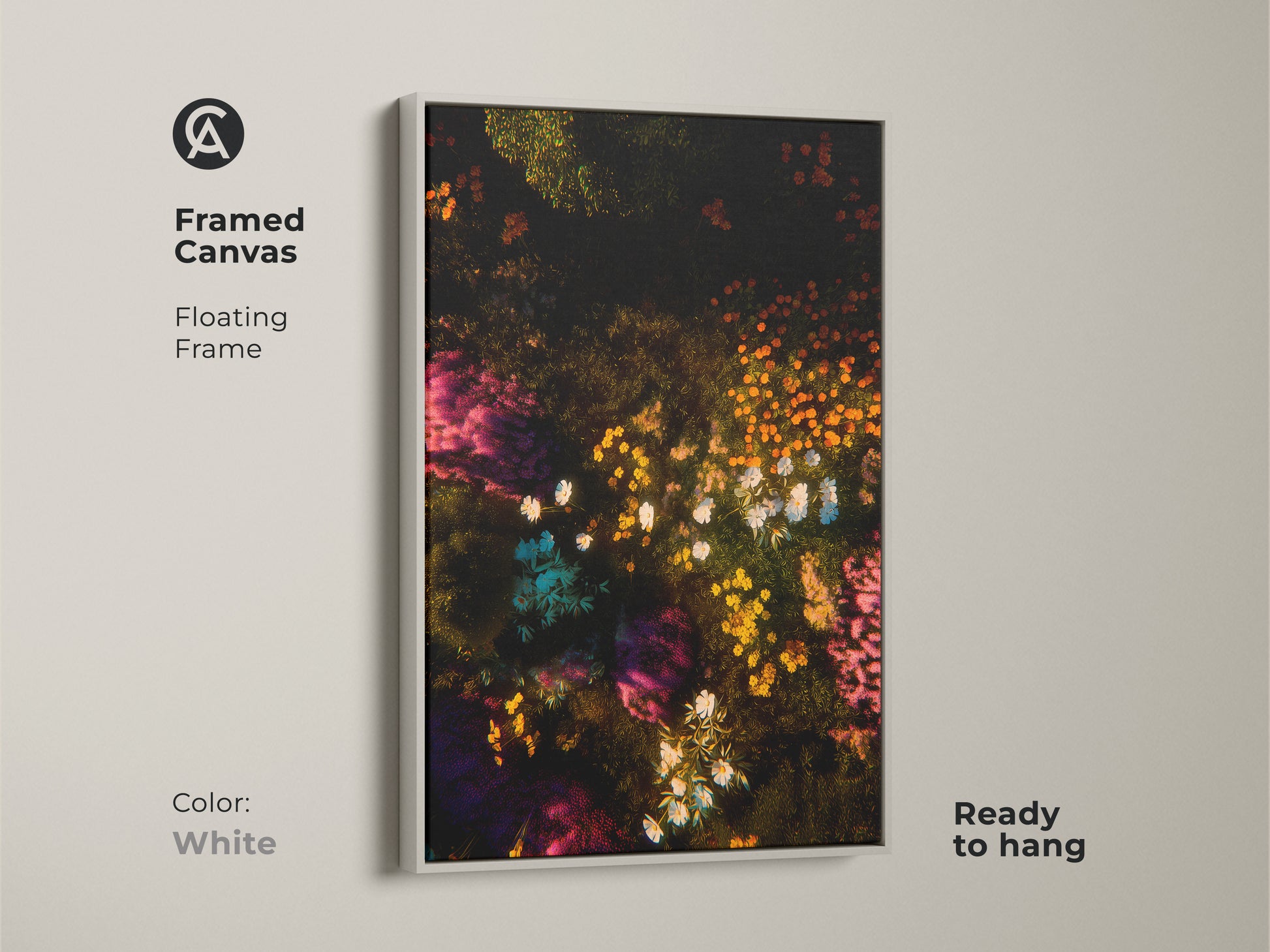 Framed canvas with a white floating frame showcasing floral artwork. The art features a dark background with colorful flowers. Ready to hang this framed canvas is a great addition to your home decor collection. Its clean look brightens any space.