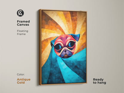 Framed canvas featuring an abstract pug. The floating frame is in antique gold and ready to hang. This geometric pug artwork brings a modern touch. The art serves as unique dog wall decor and makes for a thoughtful dog lover gift.