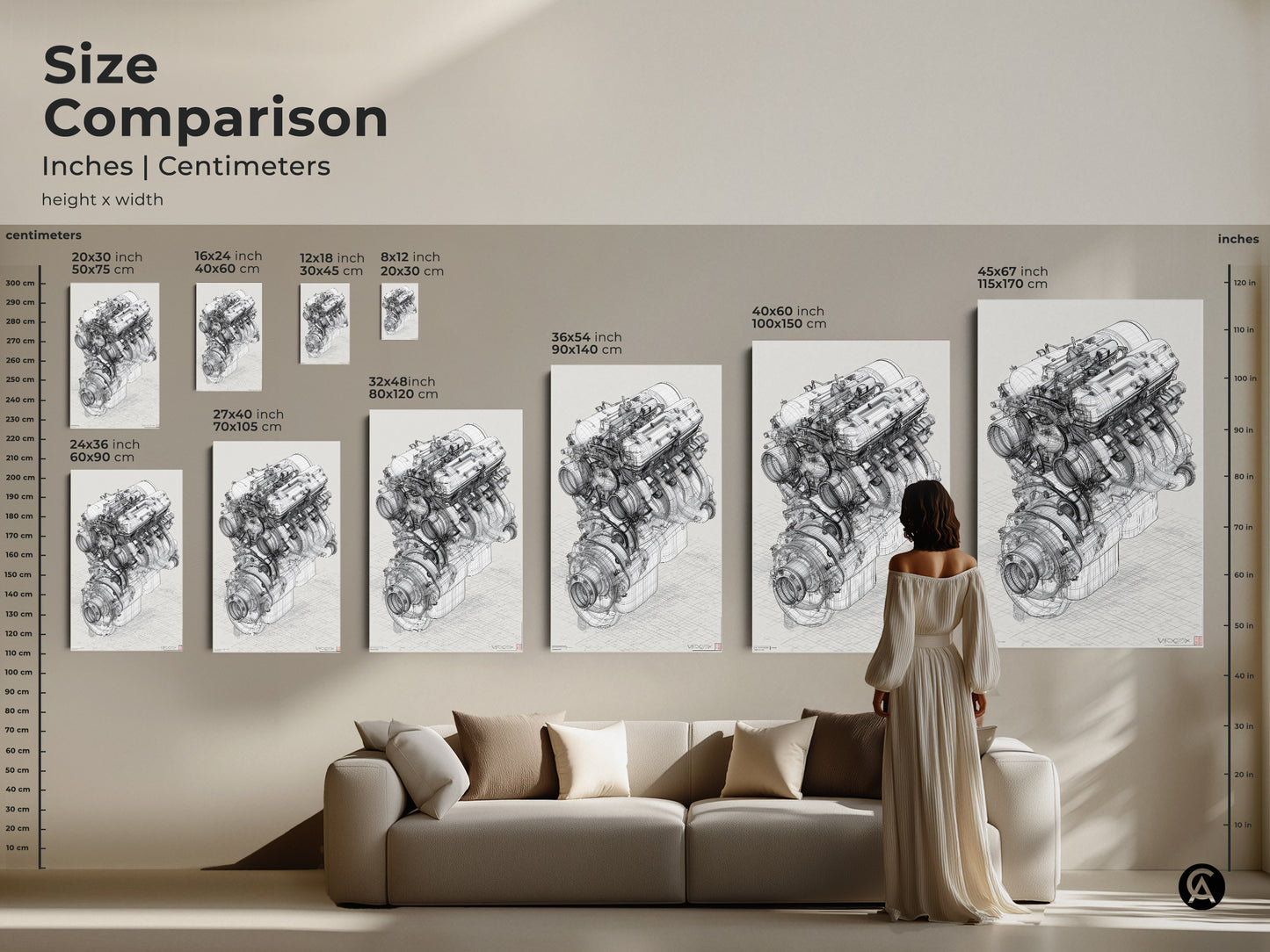 Size comparison for automotive engine blueprint artwork. This technical drawing comes in various sizes. Sizes range from 8x12 to 45x67 inches. Perfect wall art for an industrial or modern interior. It's an ideal gift for birthdays or car lovers.