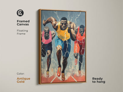 Framed canvas displaying dynamic running canvas art. Antique gold floating frame accentuates the expressionist sports print. Ready to hang. Add a touch of contemporary style to your space.