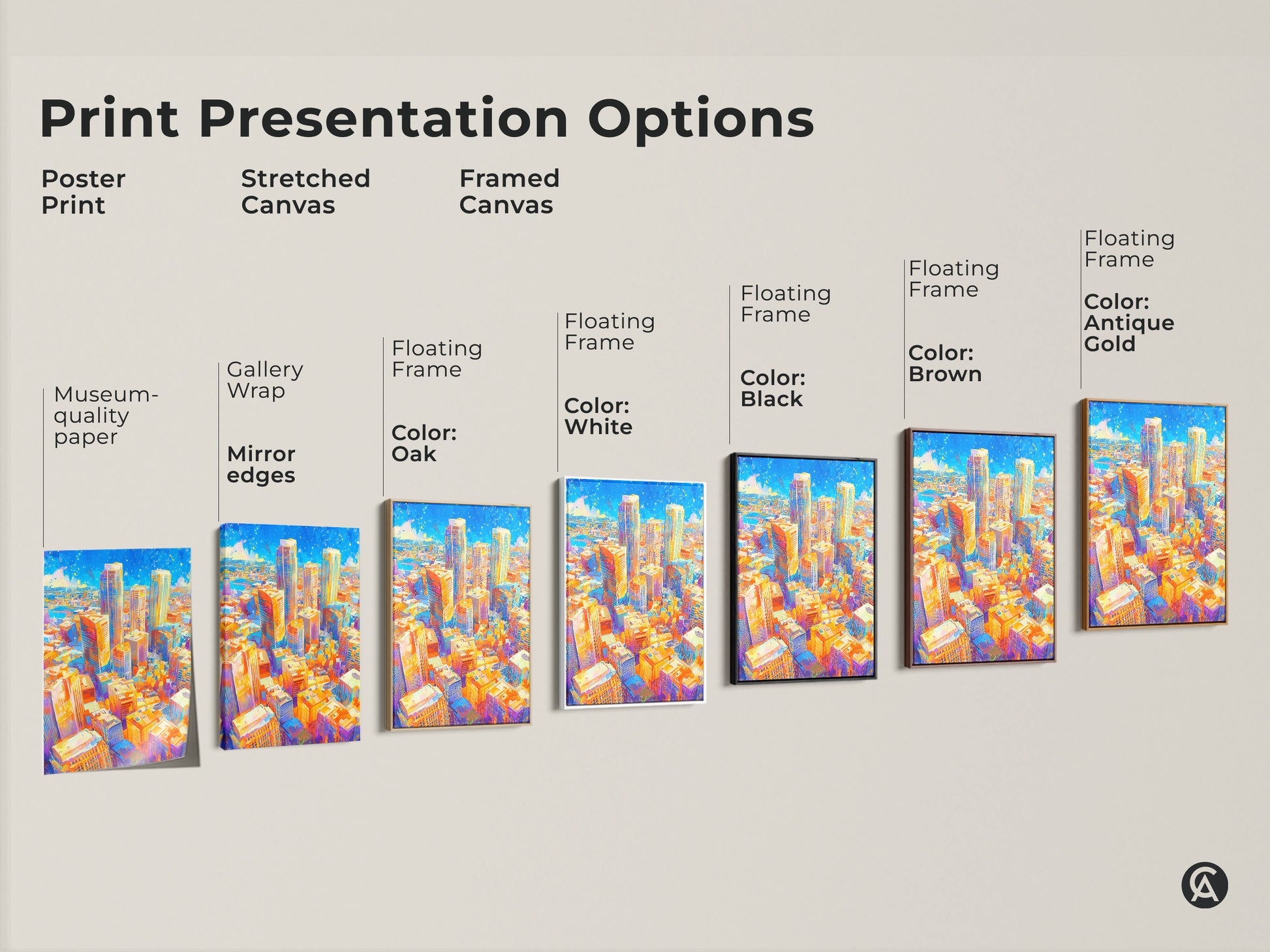 Explore print presentation options for this colorful cityscape artwork. Choose from poster prints stretched canvas or framed canvas. Each option enhances the urban art's vibrant colors and modern appeal. Find the perfect style for your space.