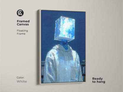 White framed canvas print featuring a figure with a glowing blue cube head. This floating frame artwork offers a clean modern look. The figure wears a white hoodie and stands in front of a bookshelf. The canvas is ready to hang in any space.