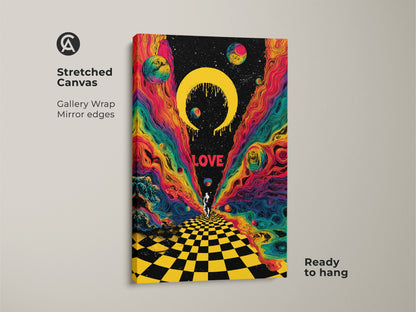 This stretched canvas features psychedelic astronaut art. It shows surreal space planets with a rainbow nebula. This retro sci fi canvas has gallery wrapped mirror edges. The cosmic wall art is ready to hang and perfect for modern decor.