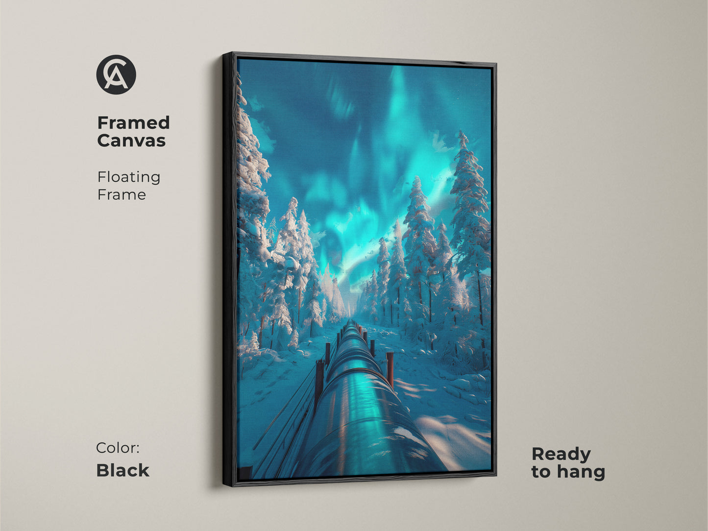 Framed canvas art depicting a winter forest with a pipeline and the Northern Lights. The floating frame enhances the artwork's beauty. Ready to hang this black-framed piece adds a touch of elegance to any room.