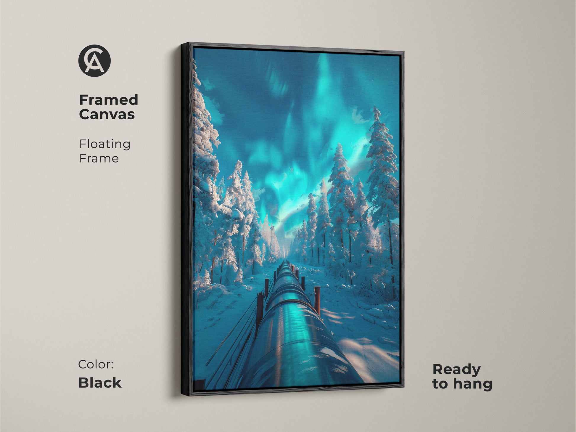 Framed canvas art depicting a winter forest with a pipeline and the Northern Lights. The floating frame enhances the artwork's beauty. Ready to hang this black-framed piece adds a touch of elegance to any room.