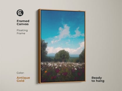 Antique Gold framed canvas featuring meadow wall art print. The rustic nature decor adds charm to any room. The spring wildflower art makes a thoughtful gift. A colorful bloom canvas ready for display