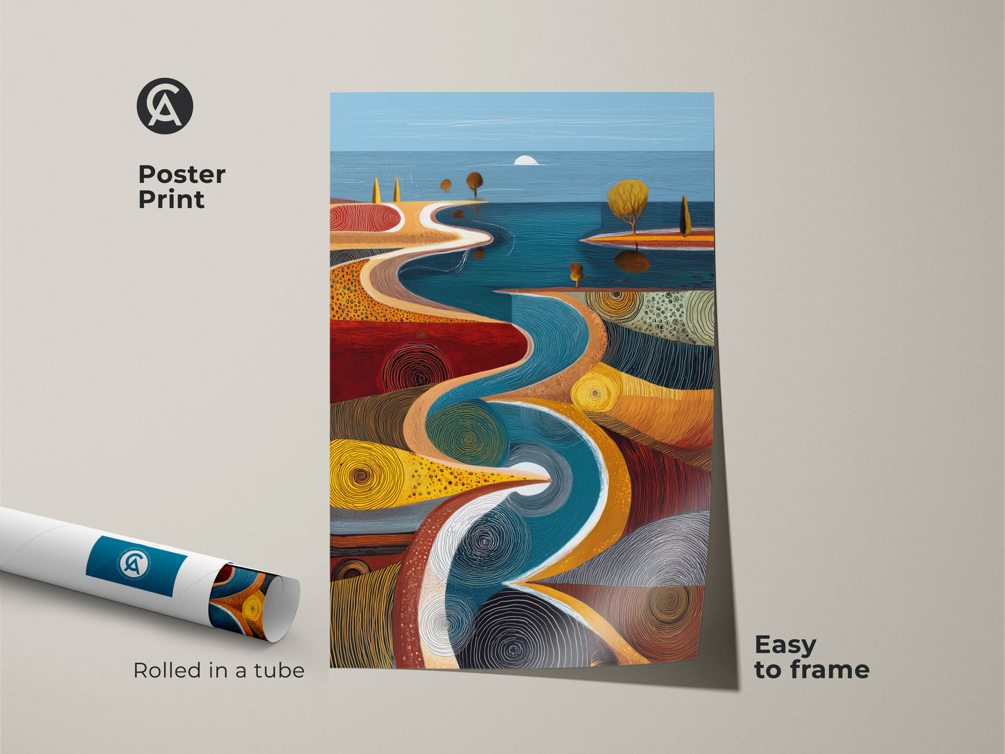 Poster print of an abstract river path artwork. This teal blue and orange wall art arrives rolled in a tube for easy framing. A perfect modern folk art print for adding a touch of nature to your decor.
