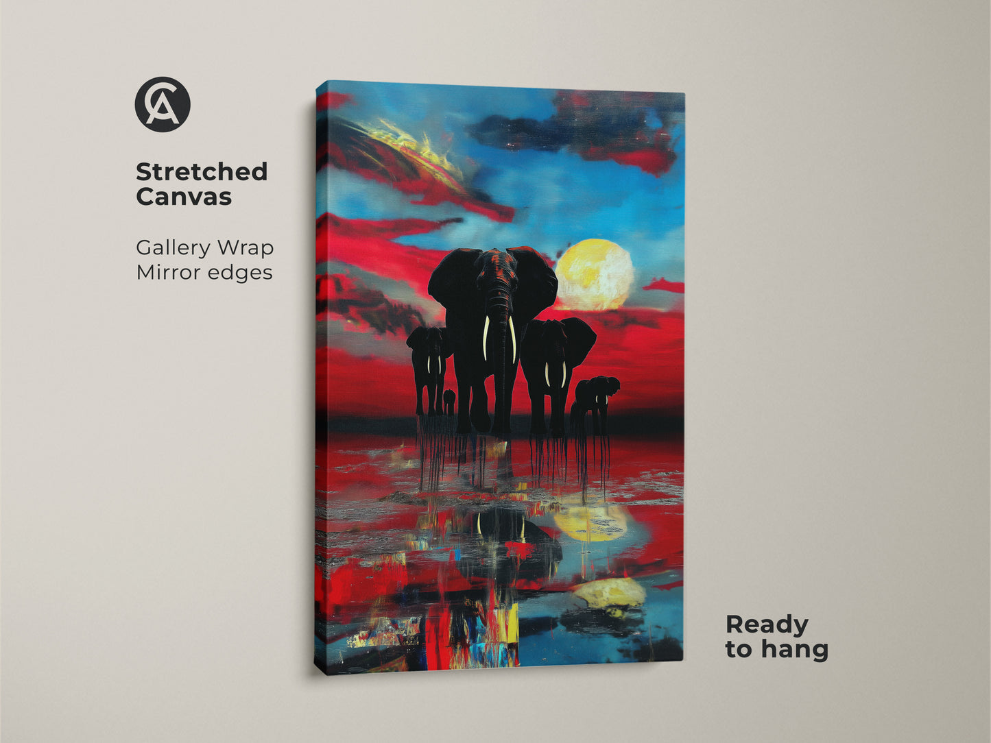 Stretched canvas featuring abstract elephants under a sunset. The gallery-wrapped canvas has mirrored edges and is ready to hang. Crimson and azure blend in this wildlife art. It is a bold nature scene for eclectic home interiors.