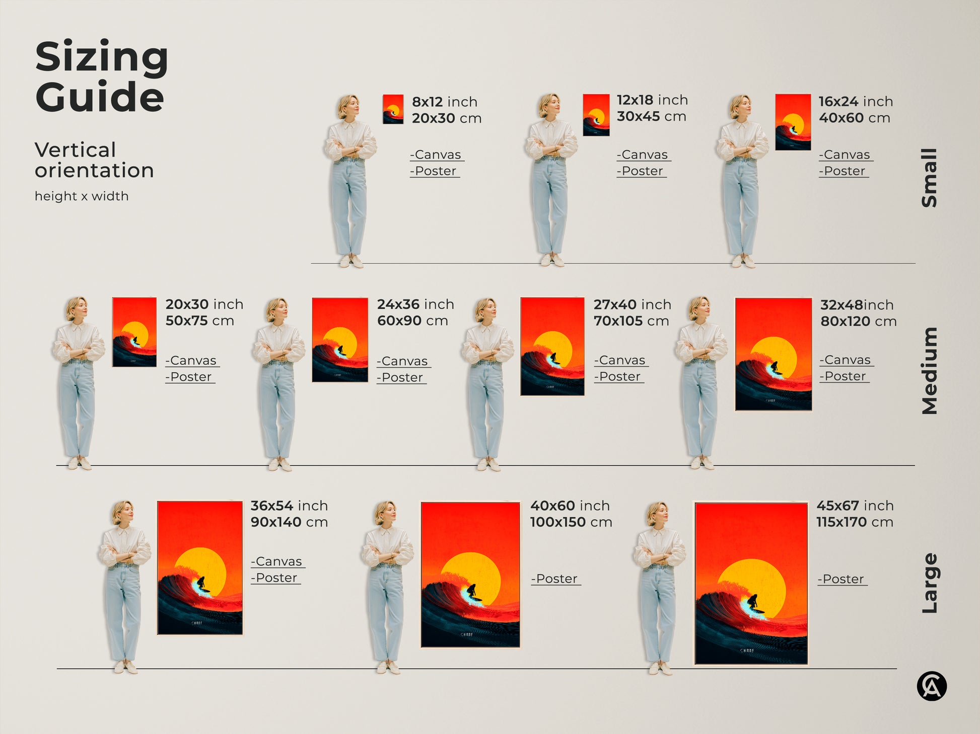 Sizing guide for vertical coastal artwork. Canvas and poster prints available in multiple sizes. Small medium and large options to suit any space. Find the perfect fit for your surfer gift idea. Orange yellow and teal tones create a vibrant display.