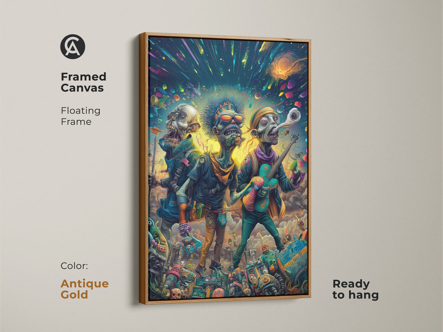 Framed canvas art print of a zombie band. This artwork shows three undead musicians performing under a cosmic sky. The canvas is set in an antique gold floating frame and is ready to hang. Add a unique touch to your home decor with this art.
