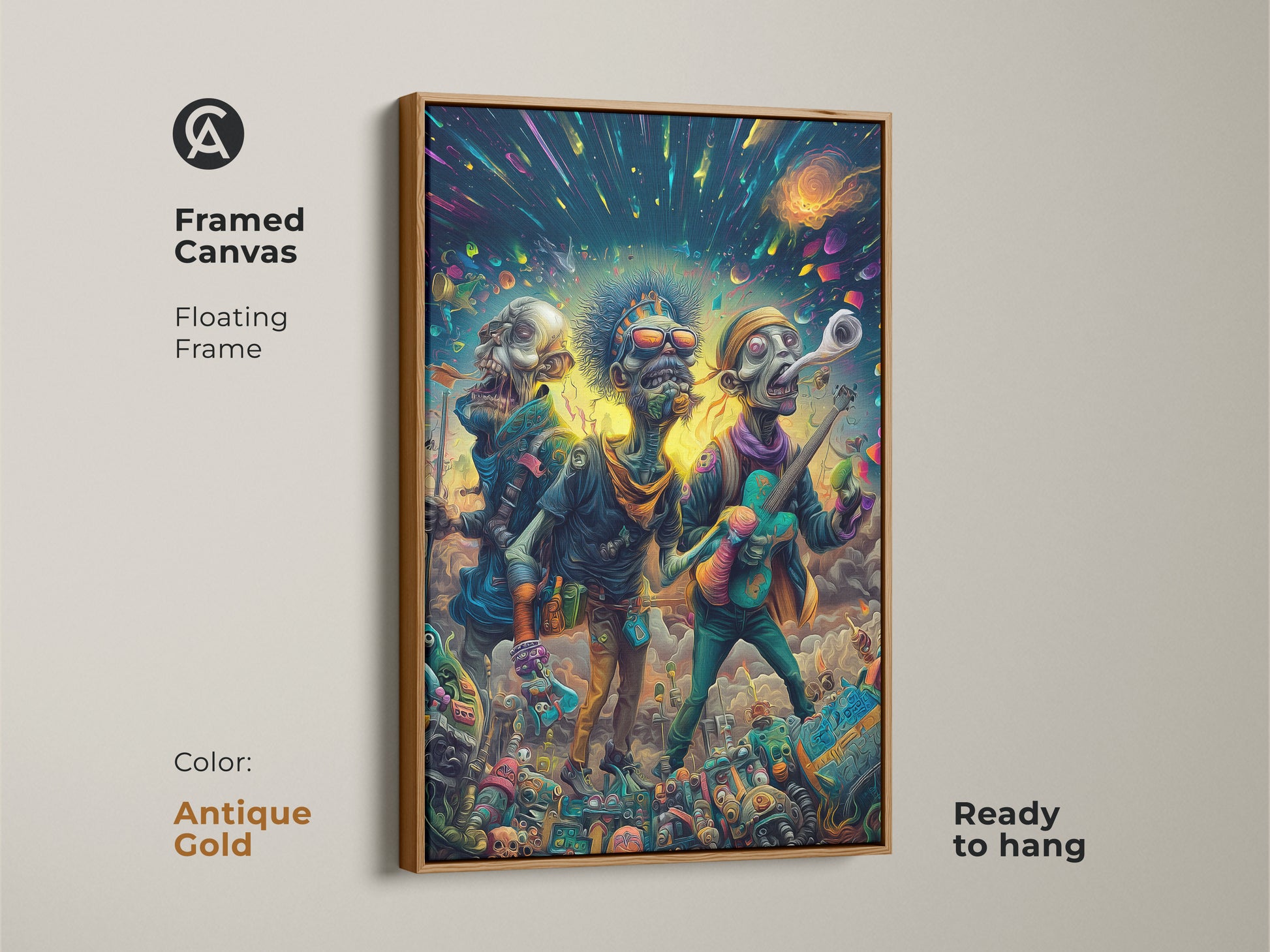 Framed canvas art print of a zombie band. This artwork shows three undead musicians performing under a cosmic sky. The canvas is set in an antique gold floating frame and is ready to hang. Add a unique touch to your home decor with this art.