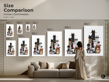 Size comparison of cute cat art prints. Shown in inches and centimeters this whimsical animal wall art comes in various sizes. Perfect for eclectic homes and cat lovers. Find the ideal size for your space.