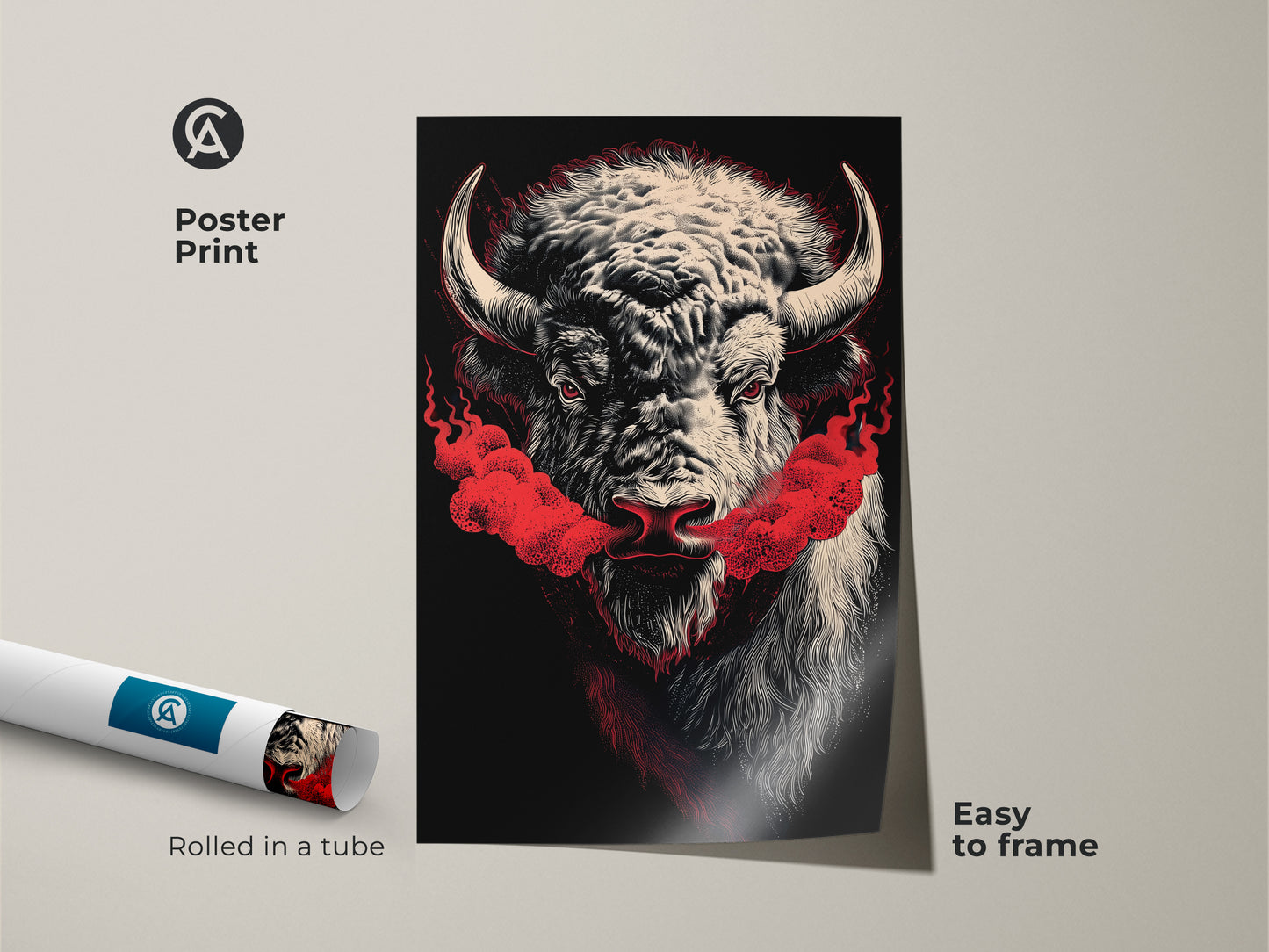 A buffalo wall art poster print. The print features red smoke art and wildlife abstract art. Easy to frame this modern animal art adds a bold touch. Perfect for American west decor this piece is rolled in a tube for protection.