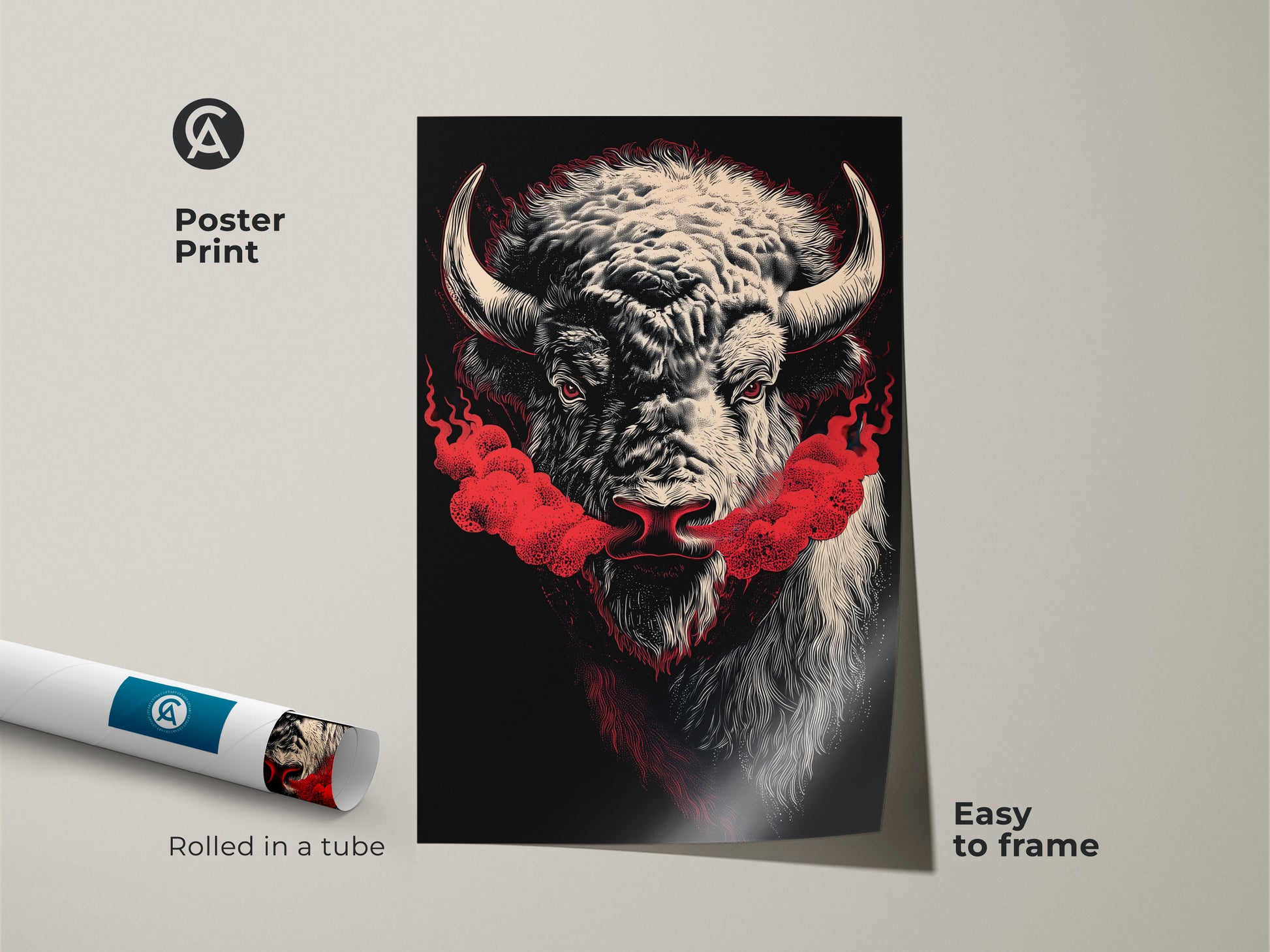 A buffalo wall art poster print. The print features red smoke art and wildlife abstract art. Easy to frame this modern animal art adds a bold touch. Perfect for American west decor this piece is rolled in a tube for protection.