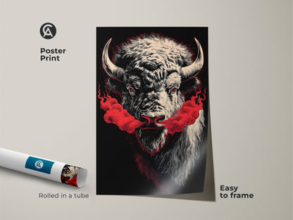 A buffalo wall art poster print. The print features red smoke art and wildlife abstract art. Easy to frame this modern animal art adds a bold touch. Perfect for American west decor this piece is rolled in a tube for protection.