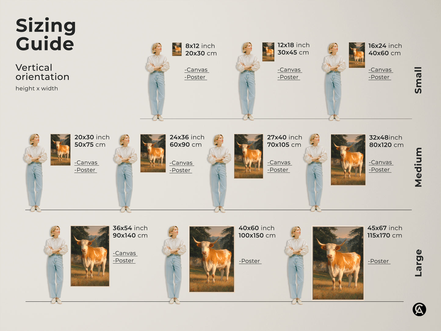 Sizing guide for vertical longhorn cow art prints. Visualize different sizes with canvas and poster options. Small medium and large sizes available. Find the perfect fit for your space. Transform your walls with animal art that fits your style and dimensions. Make a statement.