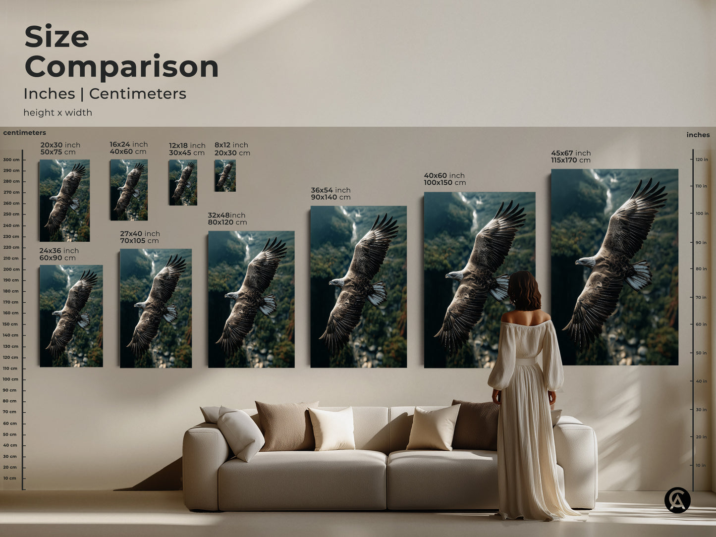 Size comparison of eagle canvas prints. See how the artwork fits above a couch. Sizes range from small to large. Find the ideal wildlife photography print for your living room or study room wall decor needs.