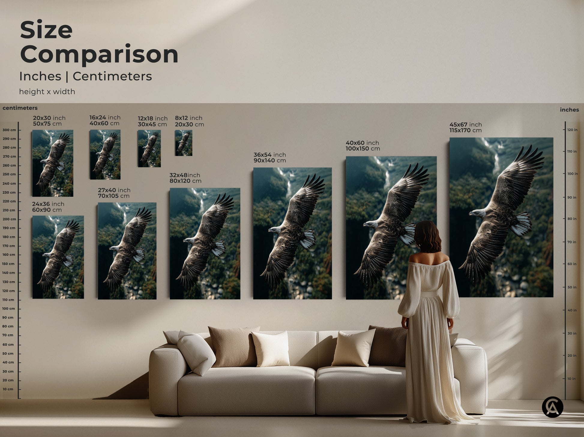 Size comparison of eagle canvas prints. See how the artwork fits above a couch. Sizes range from small to large. Find the ideal wildlife photography print for your living room or study room wall decor needs.