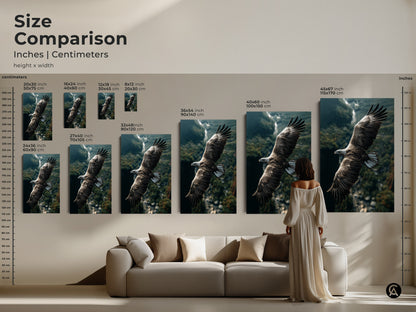 Size comparison of eagle canvas prints. See how the artwork fits above a couch. Sizes range from small to large. Find the ideal wildlife photography print for your living room or study room wall decor needs.